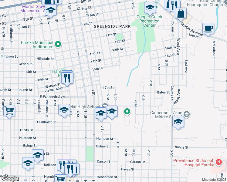 map of restaurants, bars, coffee shops, grocery stores, and more near 1720 L Street in Eureka