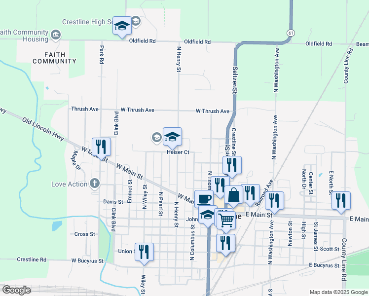 map of restaurants, bars, coffee shops, grocery stores, and more near 623 North Henry Street in Crestline