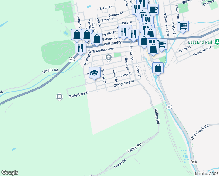 map of restaurants, bars, coffee shops, grocery stores, and more near 232 Orwigsburg Street in Tamaqua