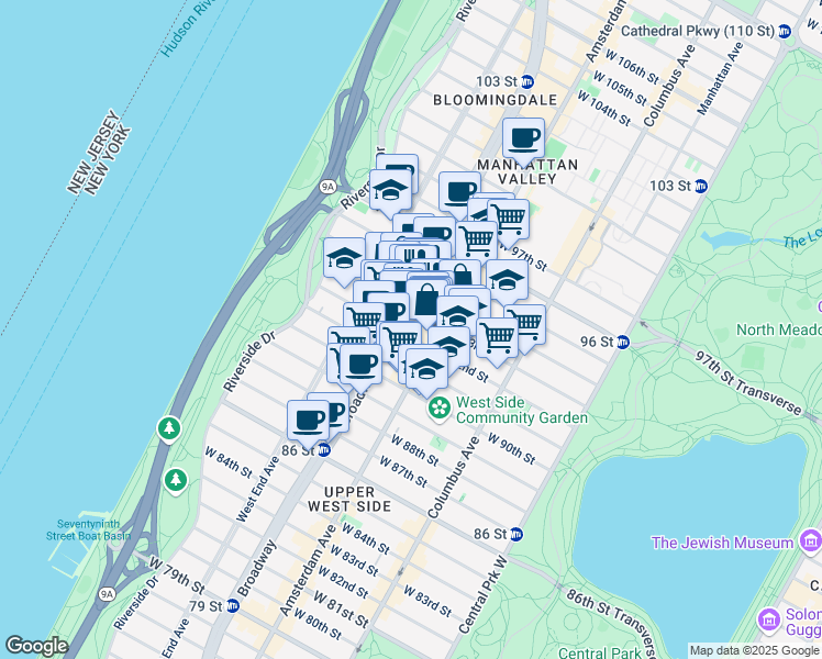 map of restaurants, bars, coffee shops, grocery stores, and more near 2480 Broadway in New York