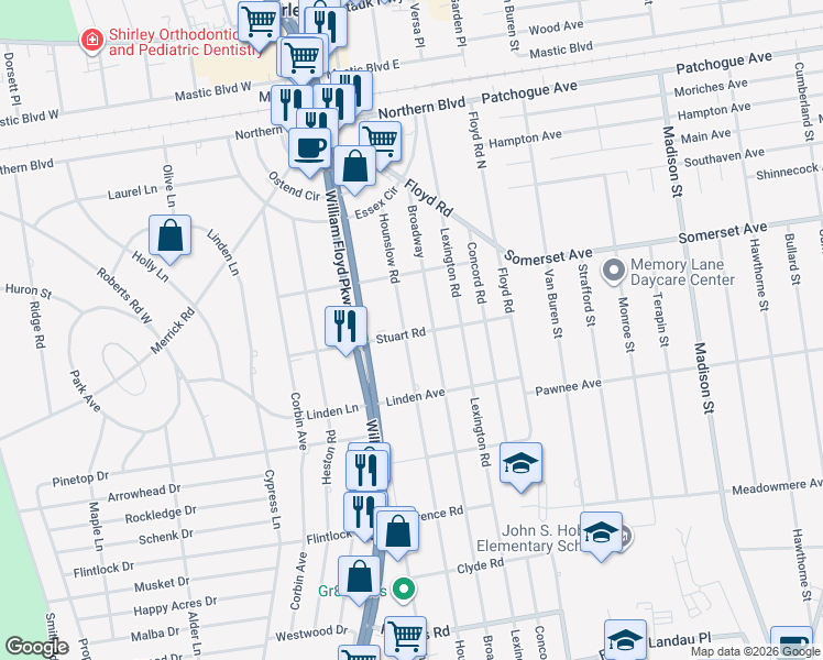 map of restaurants, bars, coffee shops, grocery stores, and more near 52 Broadway in Shirley