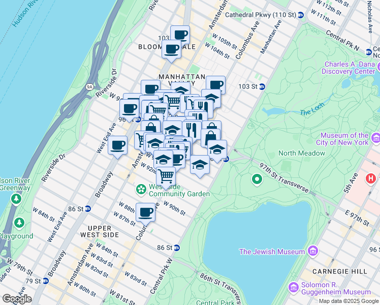 map of restaurants, bars, coffee shops, grocery stores, and more near 80 West 95th Street in New York