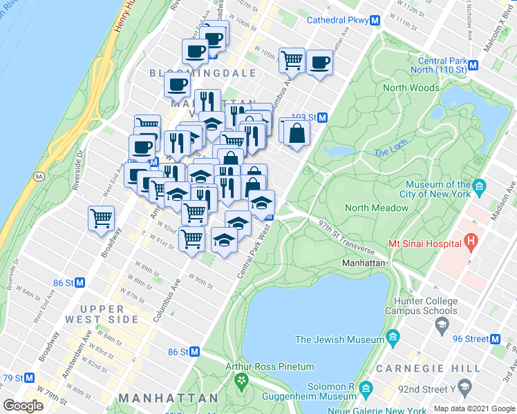 map of restaurants, bars, coffee shops, grocery stores, and more near 13 West 96th Street in New York