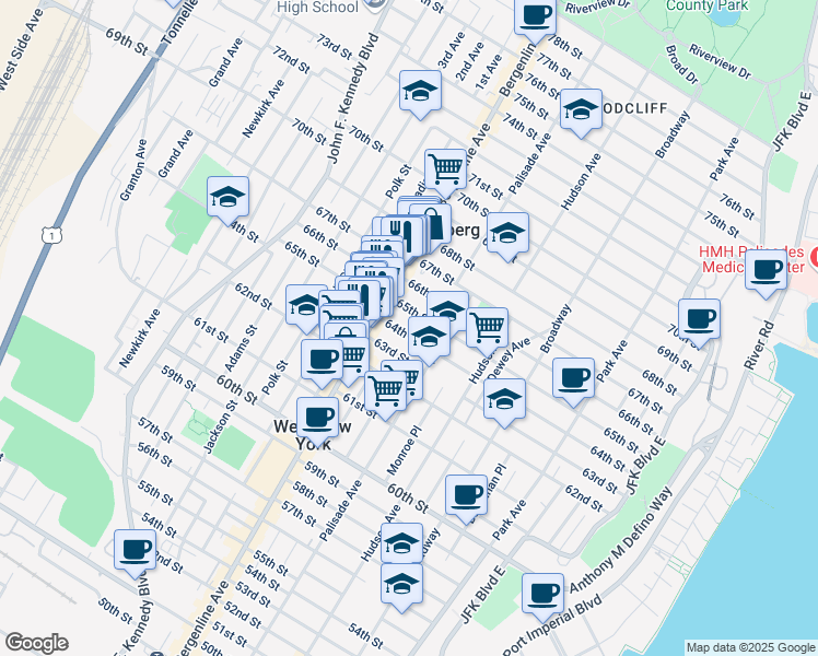 map of restaurants, bars, coffee shops, grocery stores, and more near in West New York