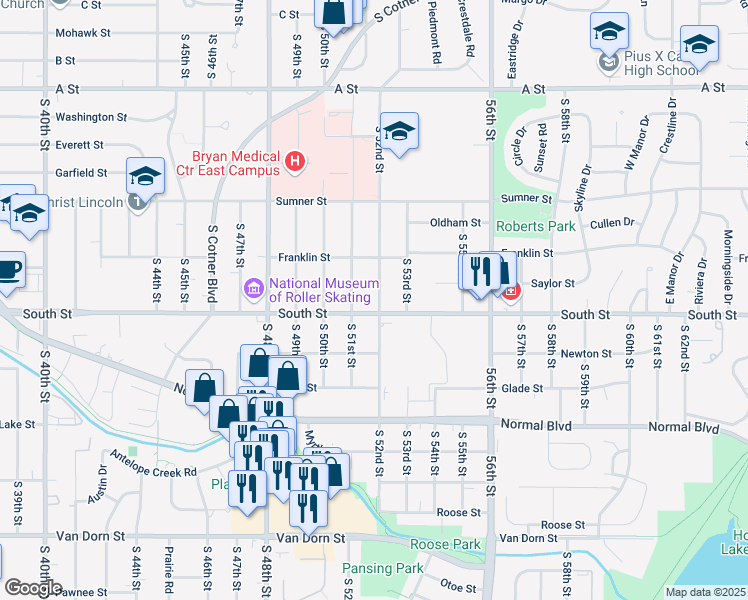 map of restaurants, bars, coffee shops, grocery stores, and more near 2035 South 52nd Street in Lincoln
