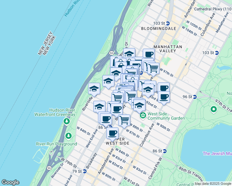 map of restaurants, bars, coffee shops, grocery stores, and more near 300 West 91st Street in New York
