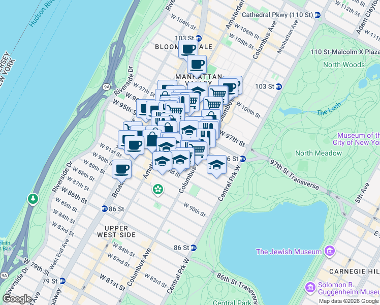 map of restaurants, bars, coffee shops, grocery stores, and more near 134 West 95th Street in New York