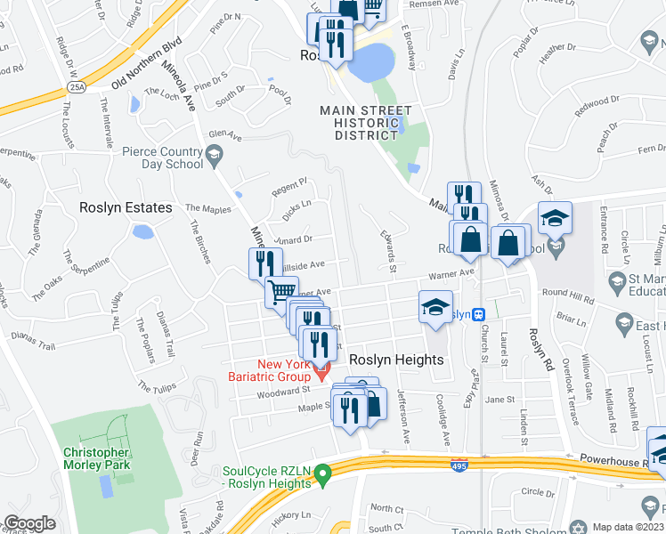 map of restaurants, bars, coffee shops, grocery stores, and more near 80 Hillside Avenue in Roslyn Heights