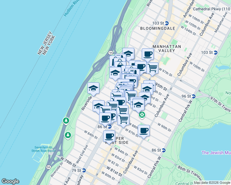 map of restaurants, bars, coffee shops, grocery stores, and more near 301 West 91st Street in New York