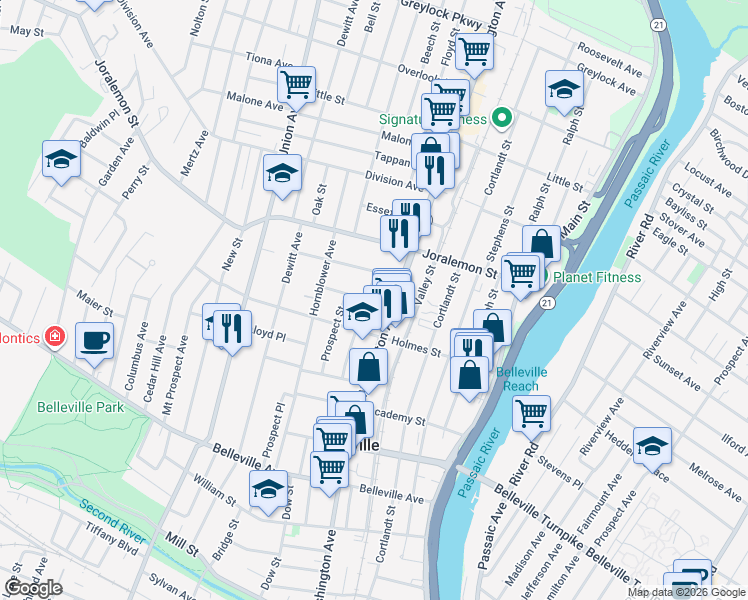 map of restaurants, bars, coffee shops, grocery stores, and more near 12 Clearman Place in Belleville