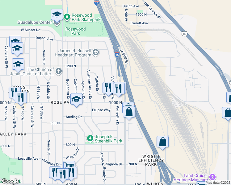 map of restaurants, bars, coffee shops, grocery stores, and more near 921 West 1100 North in Salt Lake City