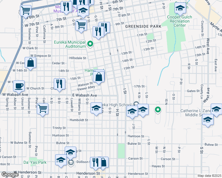 map of restaurants, bars, coffee shops, grocery stores, and more near 1625 G Street in Eureka