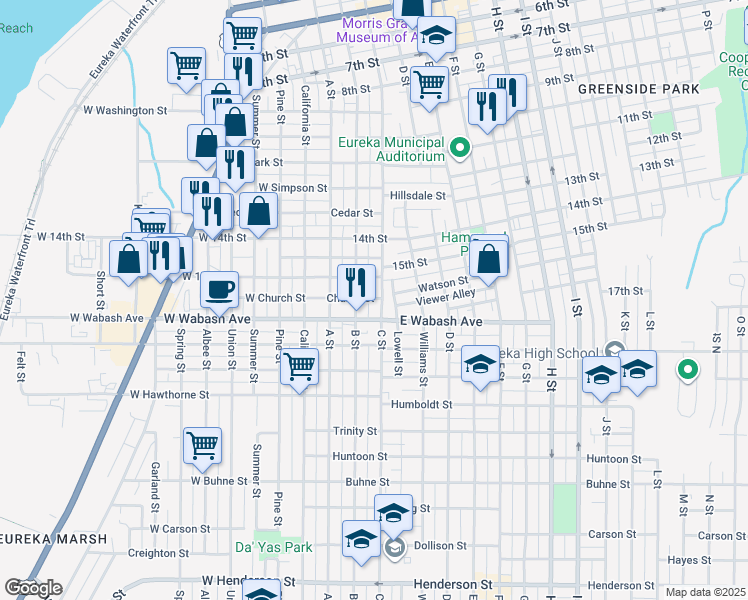 map of restaurants, bars, coffee shops, grocery stores, and more near 1615 C Street in Eureka