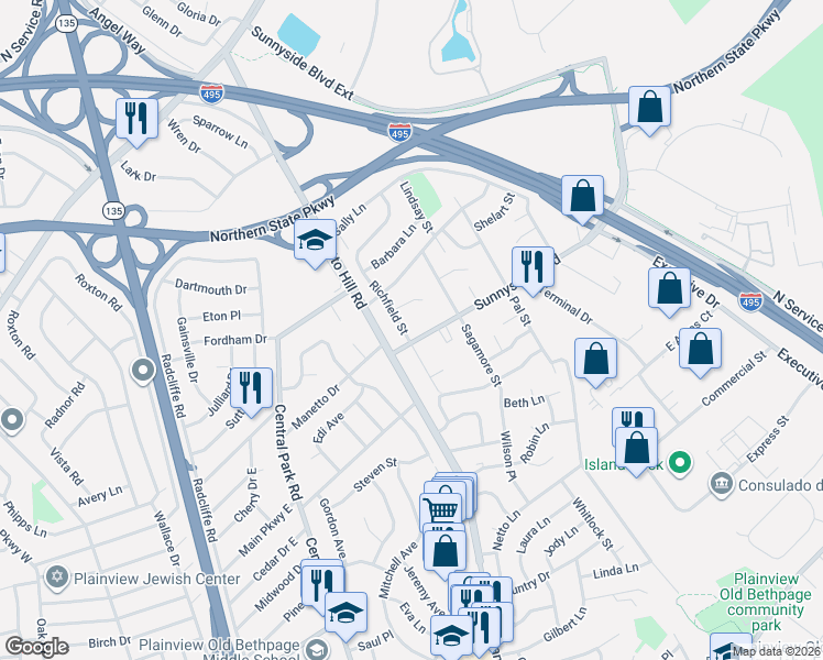 map of restaurants, bars, coffee shops, grocery stores, and more near 20 Richfield Street in Plainview