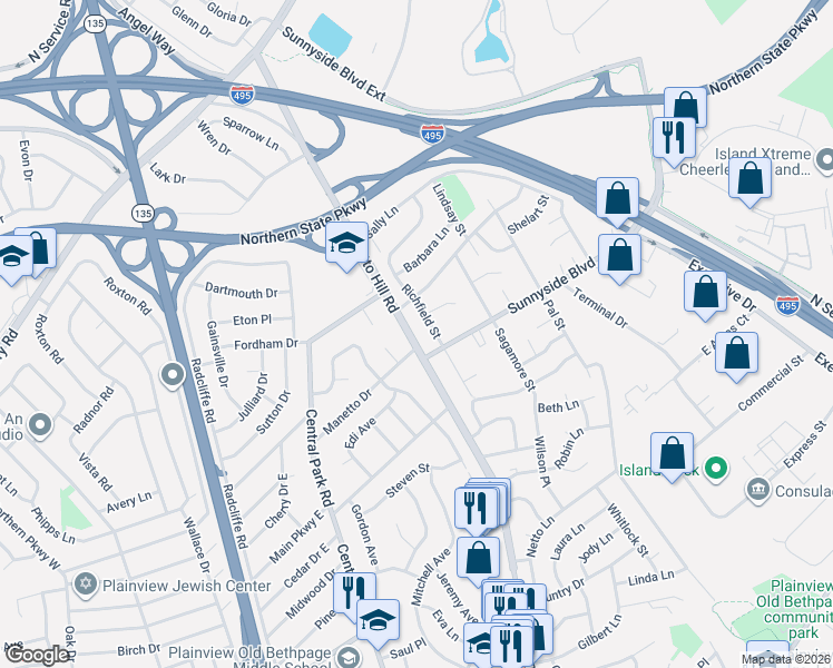map of restaurants, bars, coffee shops, grocery stores, and more near 289 Manetto Hill Road in Plainview