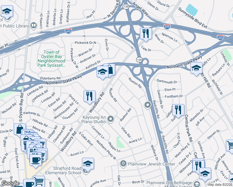 map of restaurants, bars, coffee shops, grocery stores, and more near 16 Roxton Road in Plainview