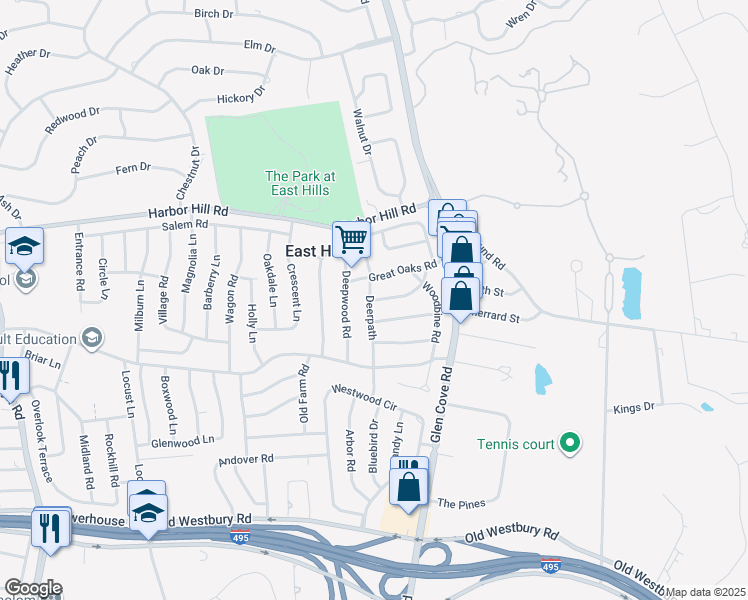 map of restaurants, bars, coffee shops, grocery stores, and more near 47 Laurel Lane in Roslyn Heights