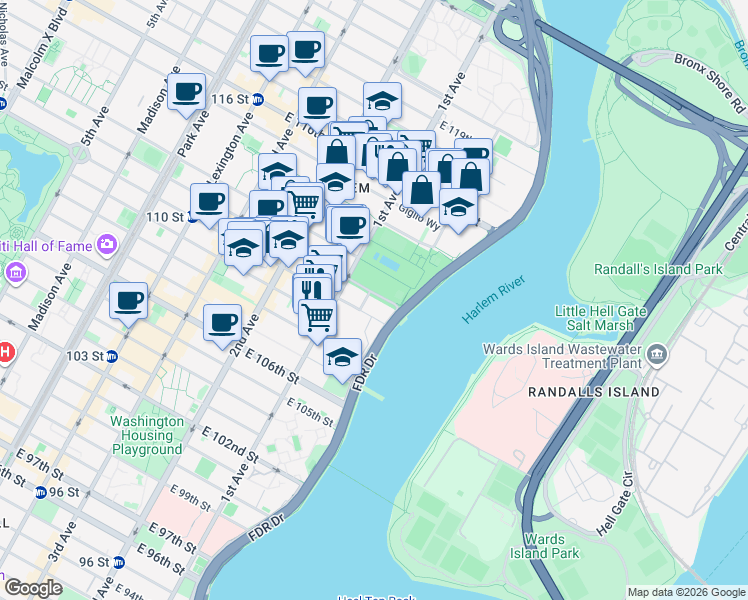 map of restaurants, bars, coffee shops, grocery stores, and more near 420 East 111th Street in New York