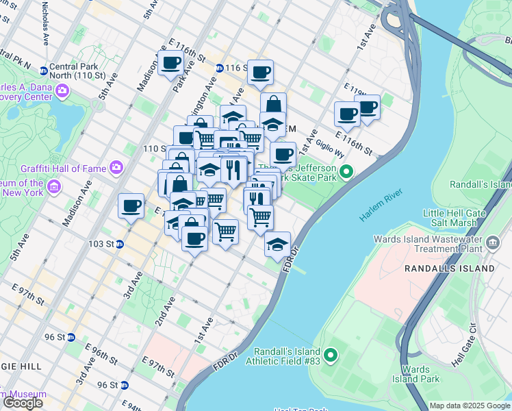 map of restaurants, bars, coffee shops, grocery stores, and more near 326 East 110th Street in New York
