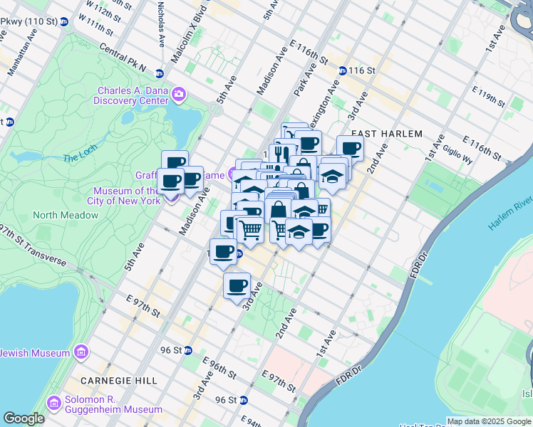 map of restaurants, bars, coffee shops, grocery stores, and more near 156 East 107th Street in New York