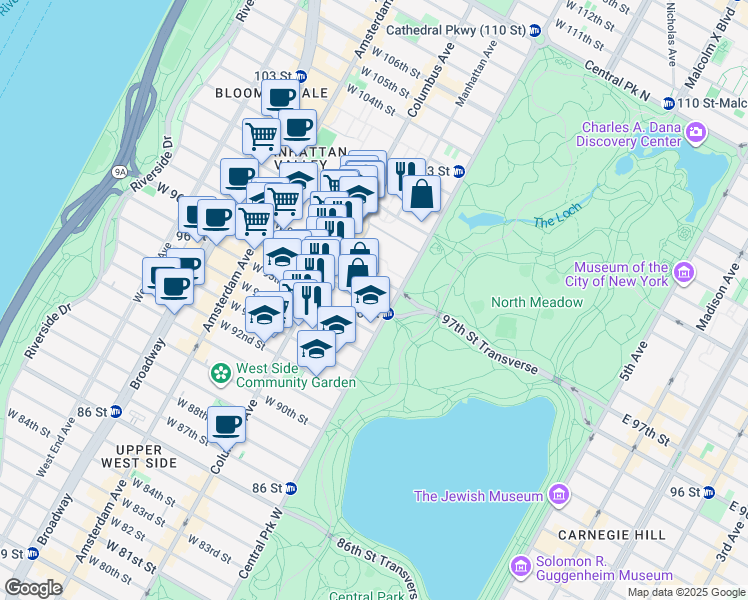 map of restaurants, bars, coffee shops, grocery stores, and more near 10 West 97th Street in New York