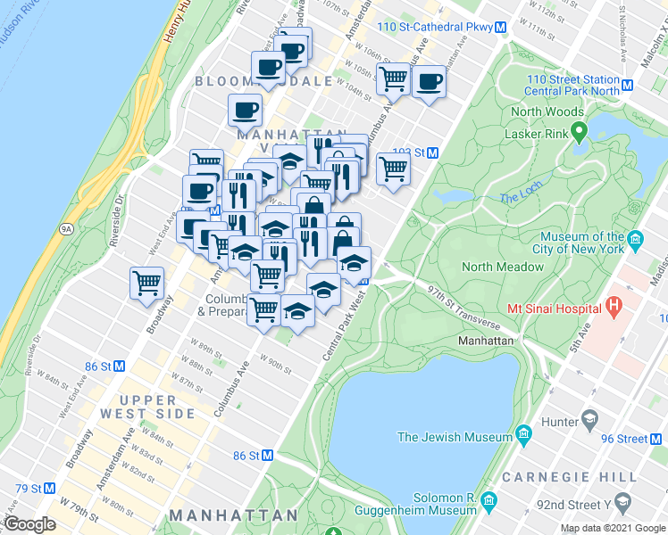 map of restaurants, bars, coffee shops, grocery stores, and more near 65 West 96th Street in New York
