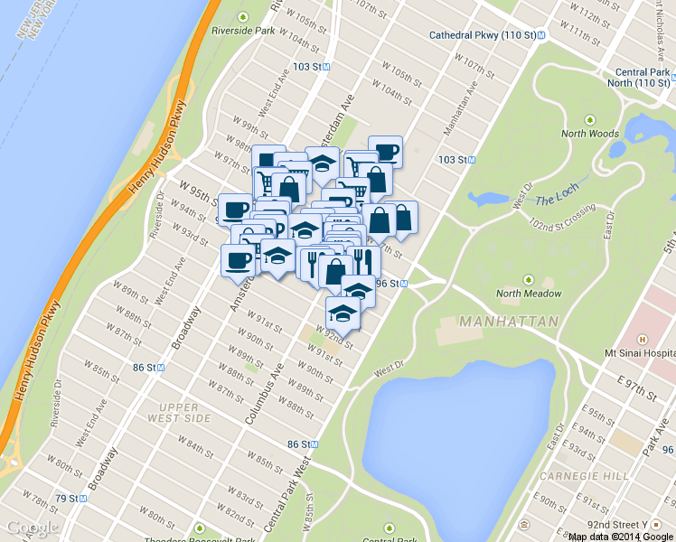 map of restaurants, bars, coffee shops, grocery stores, and more near 750 Columbus Avenue in New York