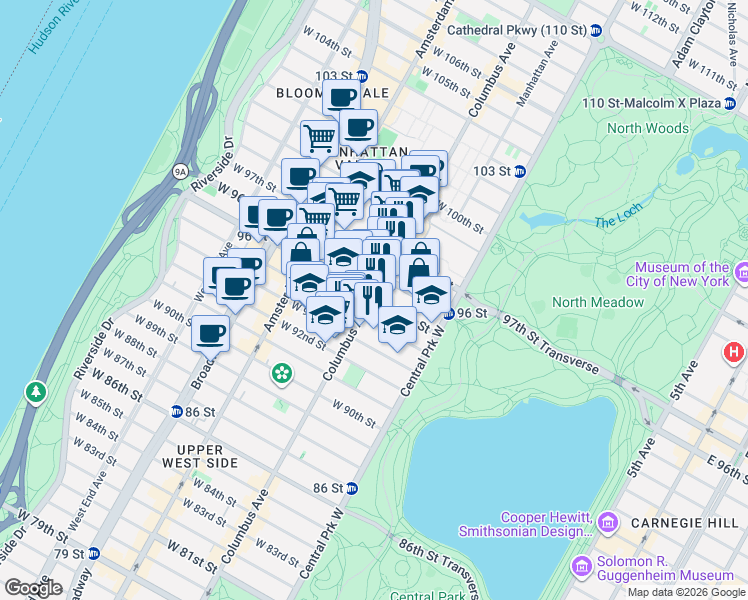 map of restaurants, bars, coffee shops, grocery stores, and more near 750 Columbus Avenue in New York