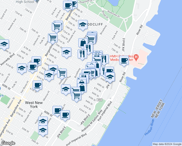 map of restaurants, bars, coffee shops, grocery stores, and more near 6900-4 Park Avenue in Guttenberg
