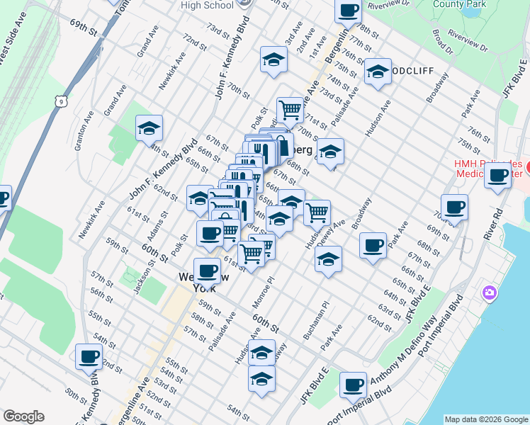 map of restaurants, bars, coffee shops, grocery stores, and more near in West New York