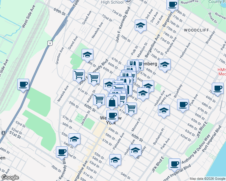 map of restaurants, bars, coffee shops, grocery stores, and more near 6215 Polk Street in West New York