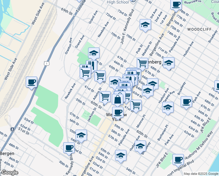 map of restaurants, bars, coffee shops, grocery stores, and more near 587 62nd Street in West New York