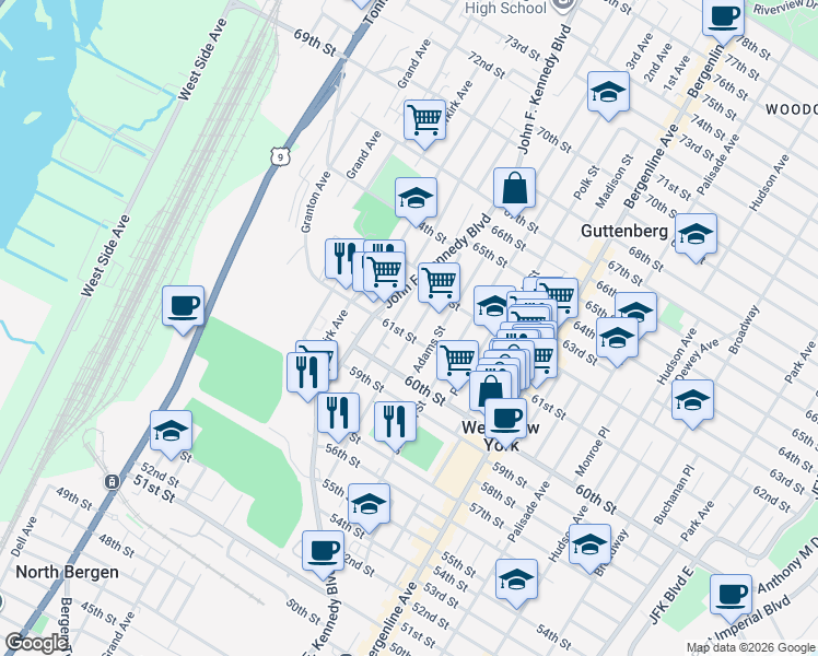 map of restaurants, bars, coffee shops, grocery stores, and more near 642 61st Street in West New York