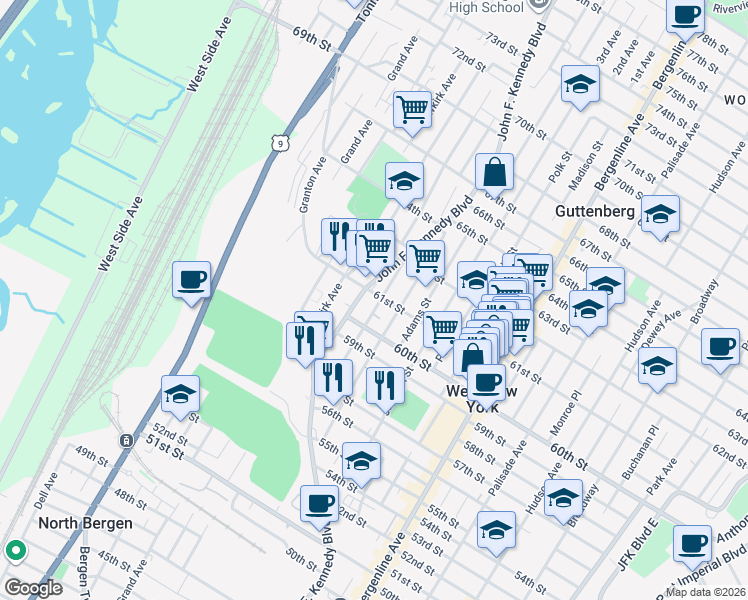 map of restaurants, bars, coffee shops, grocery stores, and more near 642 61st Street in West New York
