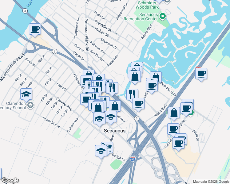 map of restaurants, bars, coffee shops, grocery stores, and more near 650 New Jersey 3 in Secaucus