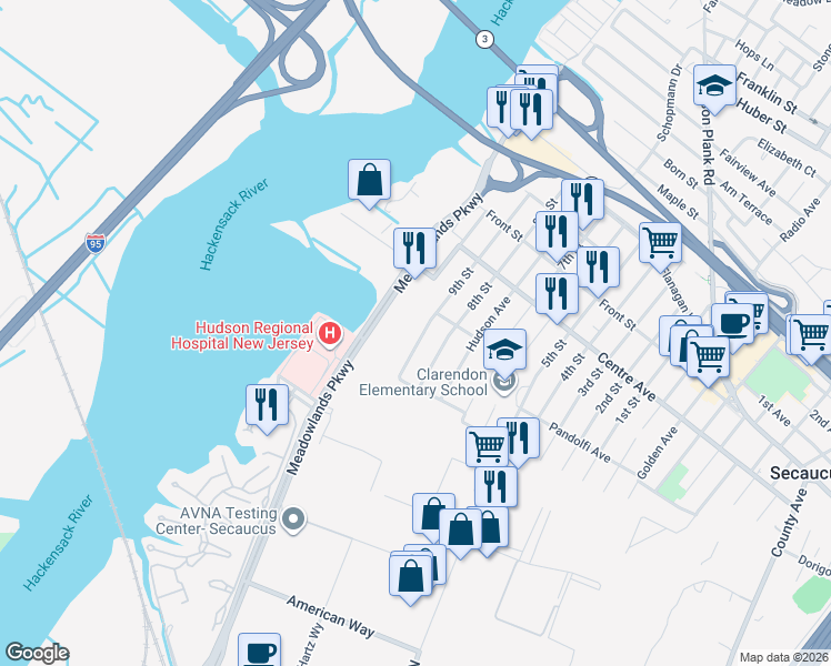 map of restaurants, bars, coffee shops, grocery stores, and more near 687 9th Street in Secaucus