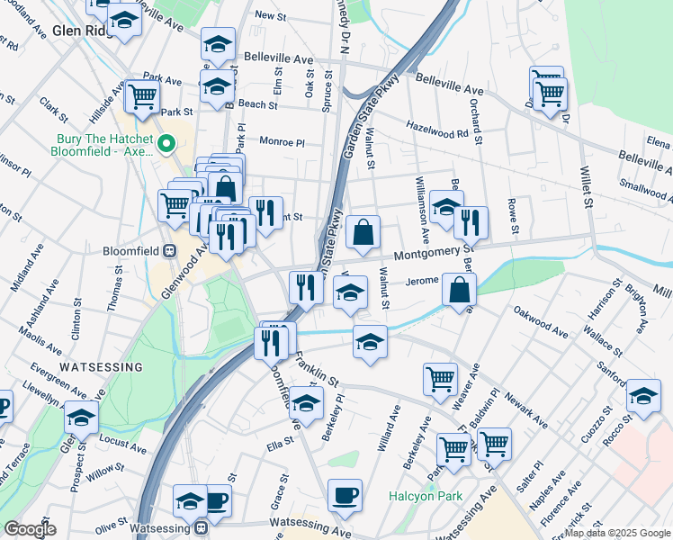 map of restaurants, bars, coffee shops, grocery stores, and more near 17 West Street in Bloomfield