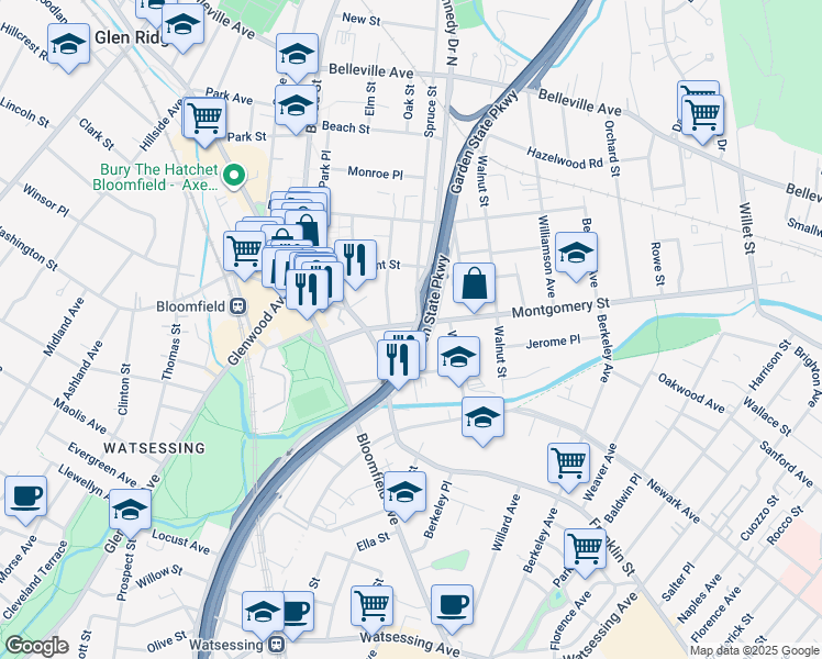 map of restaurants, bars, coffee shops, grocery stores, and more near 279 Montgomery Street in Bloomfield