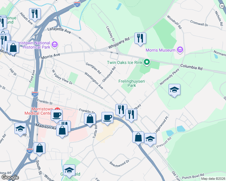 map of restaurants, bars, coffee shops, grocery stores, and more near 104 Washington Avenue in Morristown
