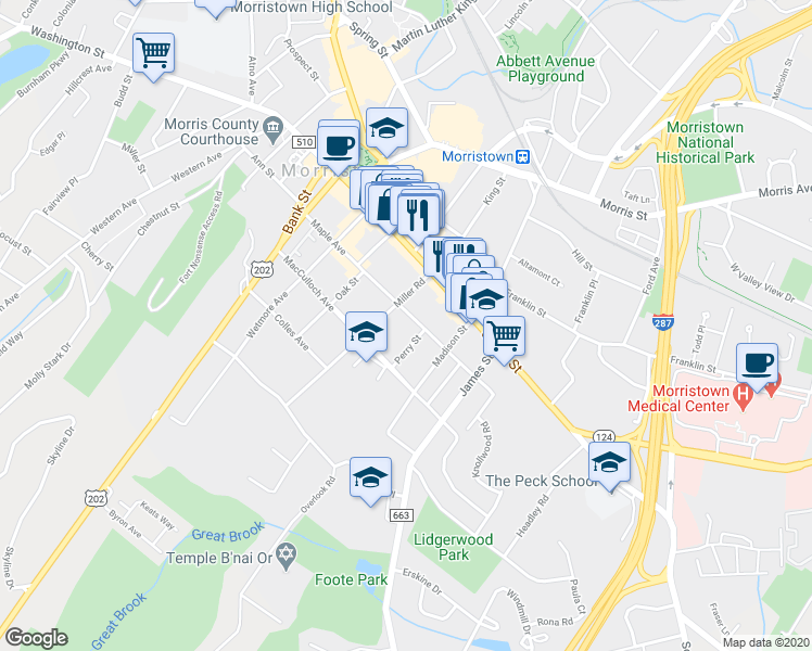 map of restaurants, bars, coffee shops, grocery stores, and more near 66 Maple Avenue in Morristown
