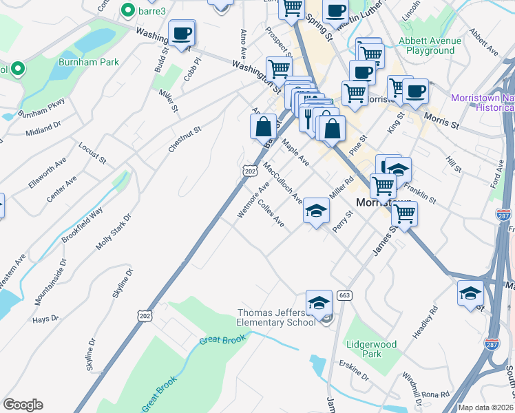 map of restaurants, bars, coffee shops, grocery stores, and more near 16 Colles Avenue in Morristown