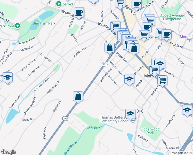 map of restaurants, bars, coffee shops, grocery stores, and more near 38 Mount Kemble Avenue in Morristown