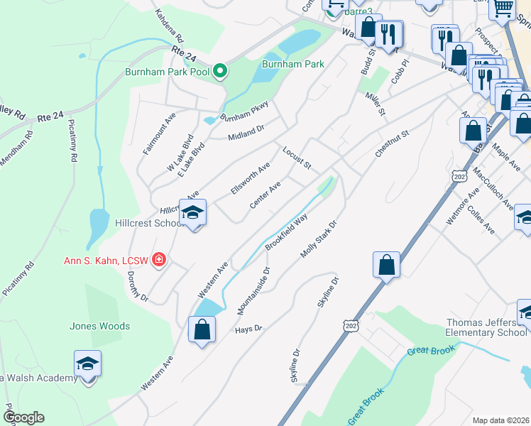 map of restaurants, bars, coffee shops, grocery stores, and more near 159 Western Avenue in Morristown
