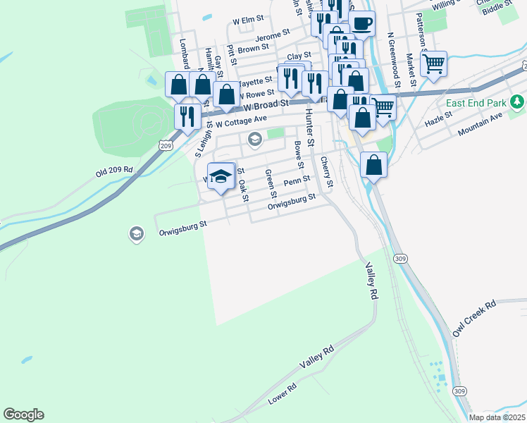 map of restaurants, bars, coffee shops, grocery stores, and more near 240 Orwigsburg Street in Tamaqua