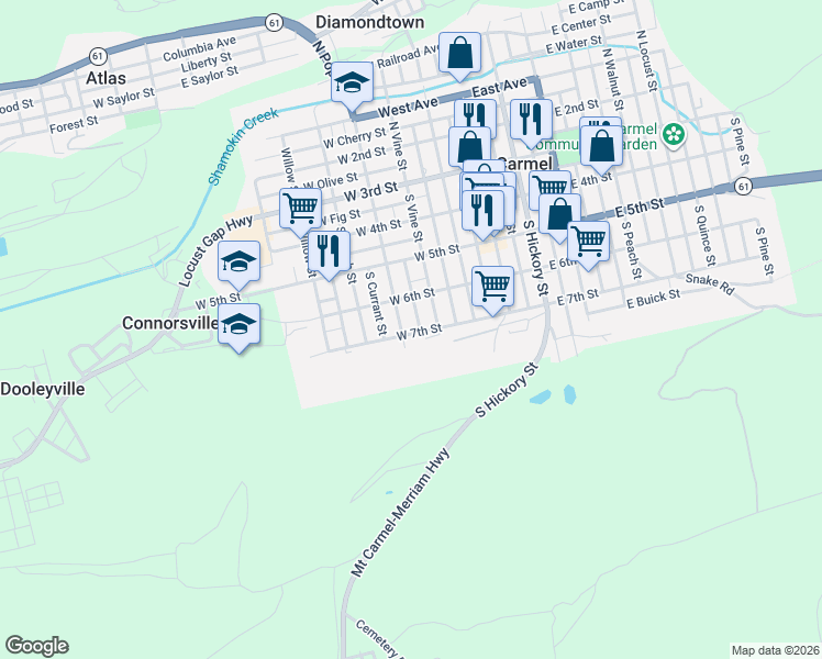 map of restaurants, bars, coffee shops, grocery stores, and more near 301-399 S Poplar St in Mt Carmel