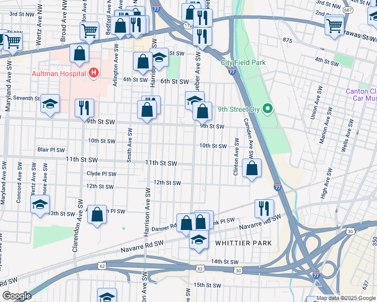 map of restaurants, bars, coffee shops, grocery stores, and more near 937 Dueber Avenue Southwest in Canton