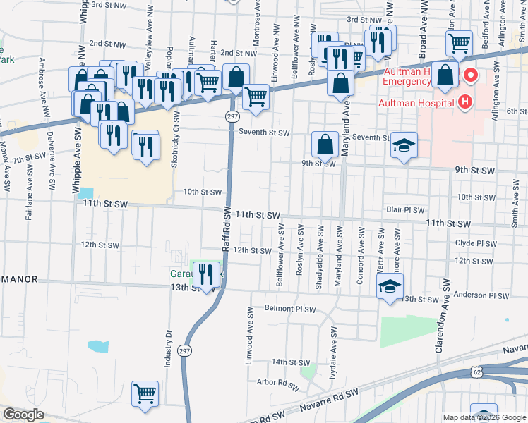 map of restaurants, bars, coffee shops, grocery stores, and more near 3519 11th Street Southwest in Canton