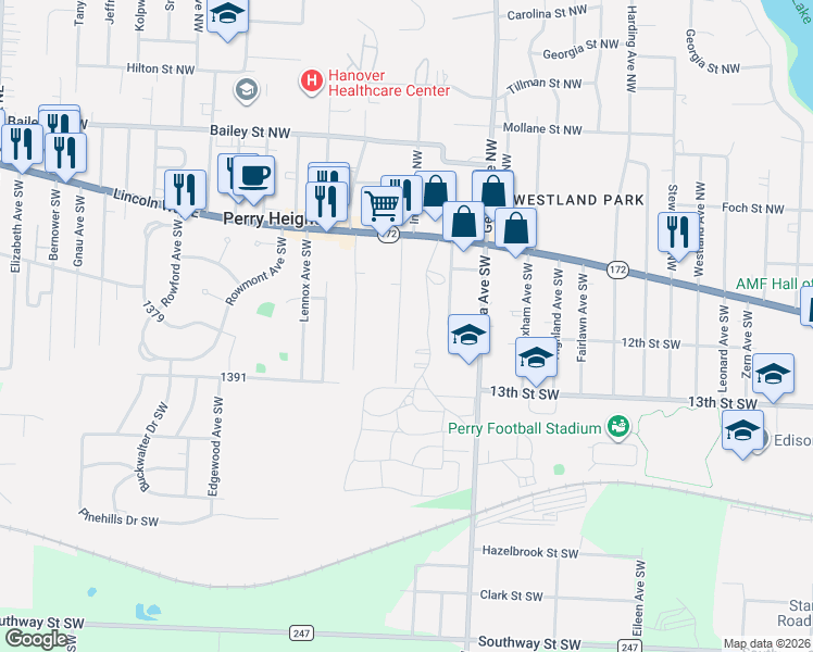 map of restaurants, bars, coffee shops, grocery stores, and more near 238 Elmford Avenue Southwest in Massillon