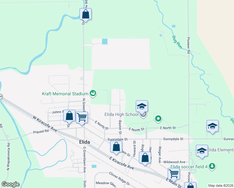 map of restaurants, bars, coffee shops, grocery stores, and more near 325 Baxter Street in Elida