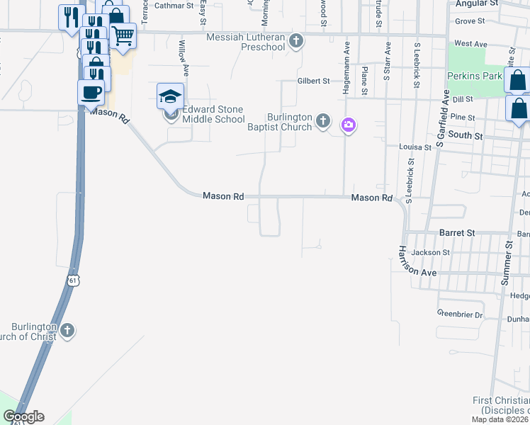map of restaurants, bars, coffee shops, grocery stores, and more near 1501 Mason Lane in Burlington